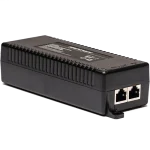 Small black rectangular box with two RJ45 ports, one labeled PoE and the other is labeled LAN. There is a label on top showing the specifications of the device.