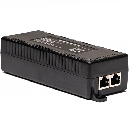 Small black rectangular box with two RJ45 ports, one labeled PoE and the other is labeled LAN. There is a label on top showing the specifications of the device.