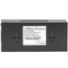 A black rectangular box with two RJ45 ports and holes on the side for ventilation. There is a label on the bottom showing the product's specifications.