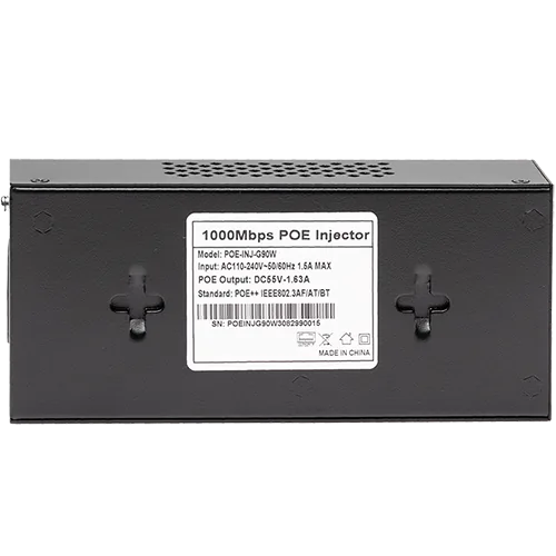 A black rectangular box with two RJ45 ports and holes on the side for ventilation. There is a label on the bottom showing the product's specifications.