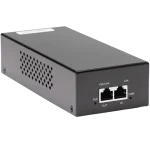 A black rectangular box with two RJ45 ports and holes on the side for ventilation