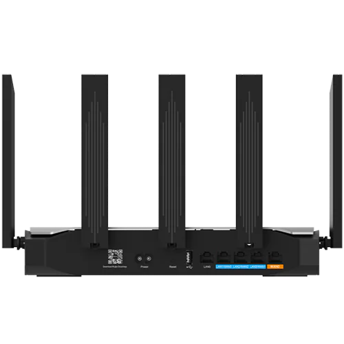 The back of a wireless router with five network ports, a power input, and a reset button. The router is facing directly away from the camera.
