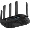 The back of a wireless router with five network ports, a power input, and a reset button. The router is slightly tilted to get a better angle of the bottom.