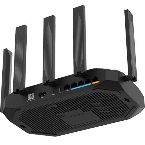 The back of a wireless router with five network ports, a power input, and a reset button. The router is slightly tilted to get a better angle of the bottom.