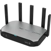 A modern WiFI 6 router slightly tilted at an angle, silver on top, five black antennas