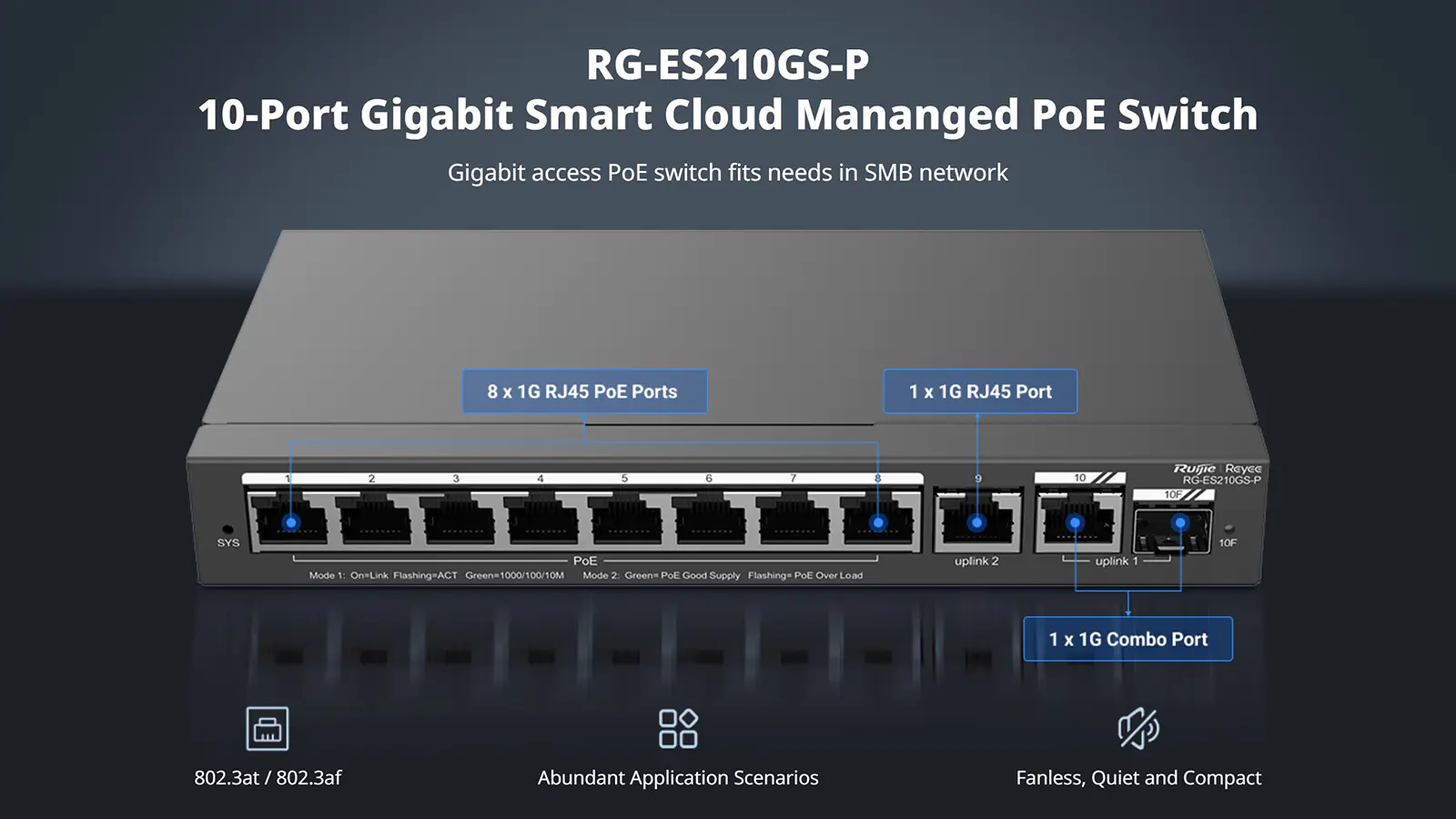 A network switch with eight PoE ports and two uplink ports. One of the uplink ports is SFP for fiber optic connectivity.