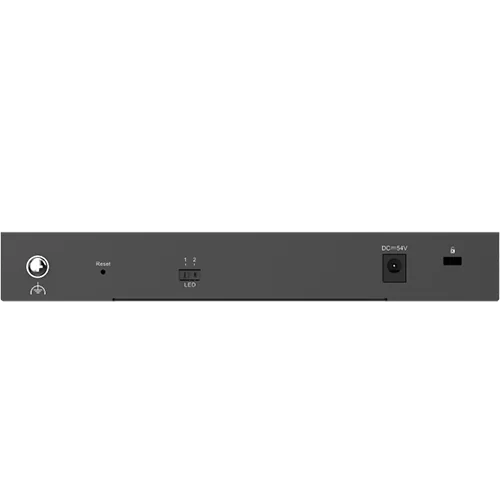 The back of a managed switch with a 54V DC port, a Kensington lock port, and a reset button