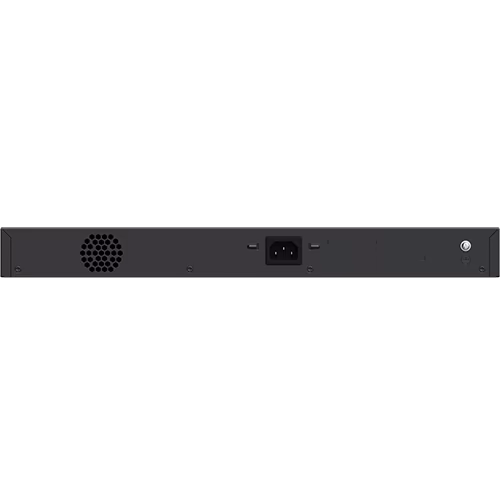 The back of a large PoE switch with a hole for ventilation and a plug for power