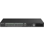 A managed PoE switch with twenty four + two ports made by Reyee. Taken from a slightly higher angle to see the top of the switch.