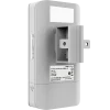 The back of a white rectangular wireless receiver with a mounting extension for poles