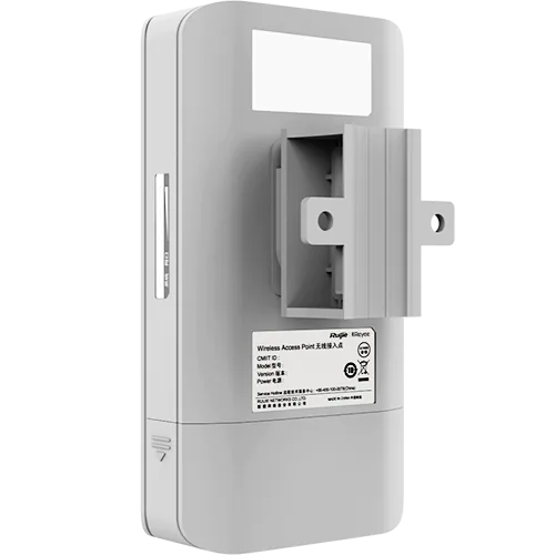 The back of a white rectangular wireless receiver with a mounting extension for poles