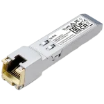 A metal adapter that converts an SFP port into an RJ45 port made by TP-Link
