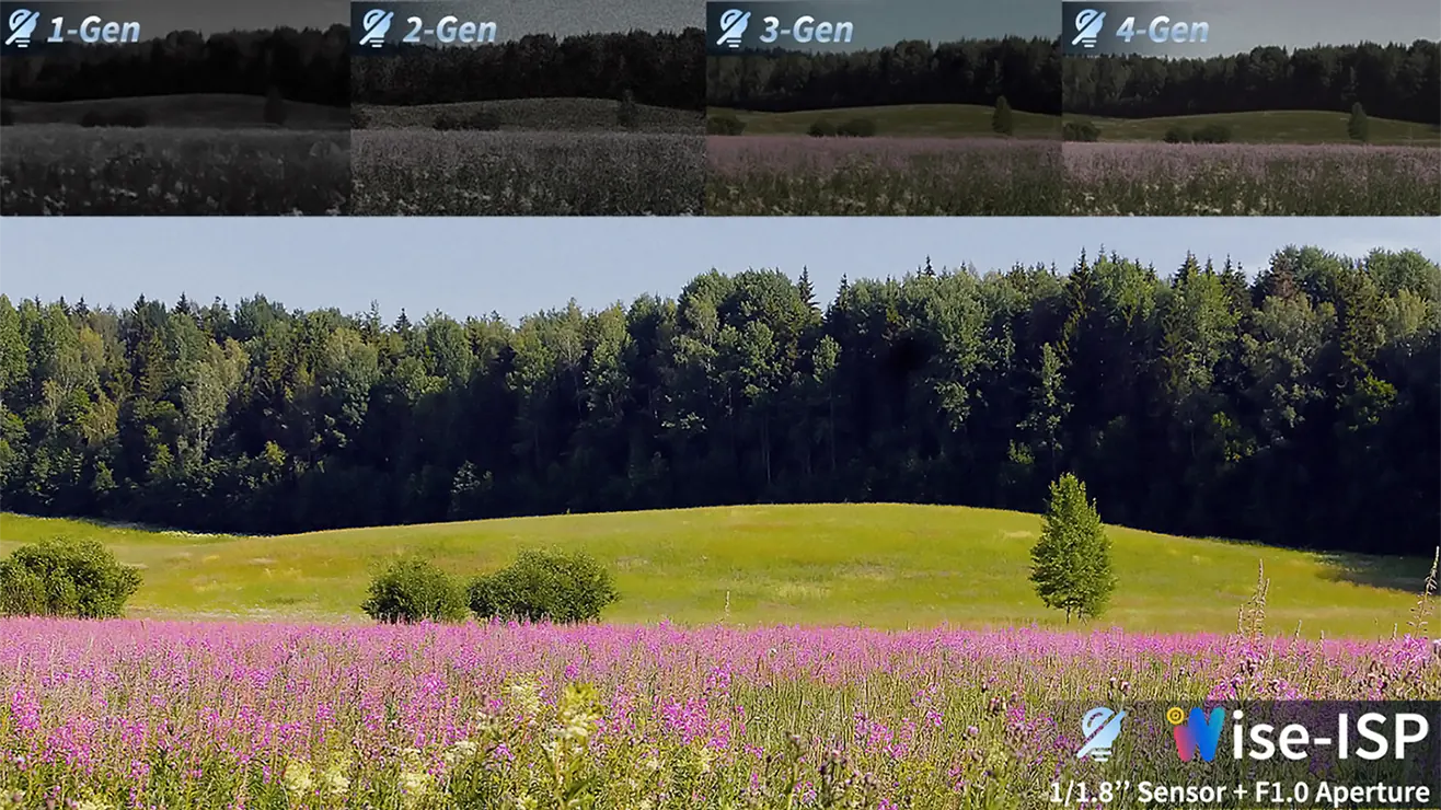A scene of a grassy field taken by a Uniview Wise-ISP security camera. The image is taken at night but the scene is colourful and bright.