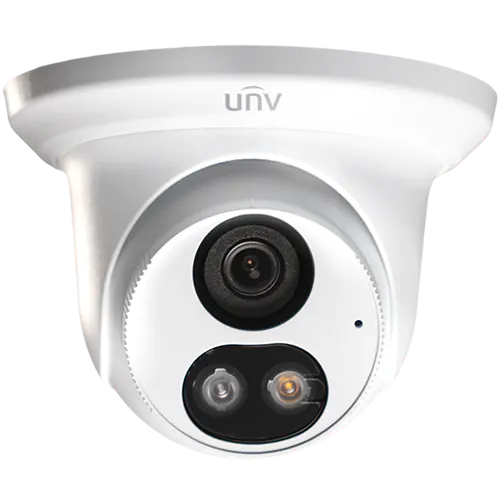 A security camera with the UNV logo, with one infrared and one white LED on the front of it.