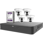 A security camera kit that included a four channel NVR, four Uniview dual light turret cameras, and a 1TB hard drive