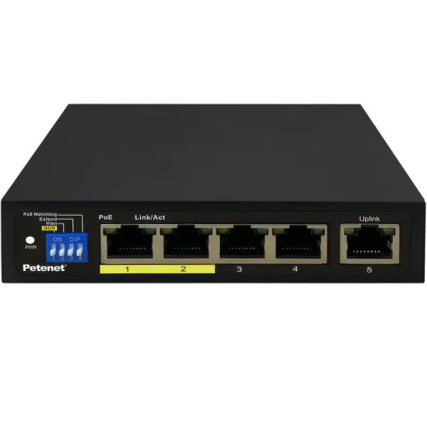 A economical 4-Port Gigabit PoE+ switch with four PoE ports and 1 RJ45 and 1SFP Uplink