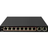 A PoE+ network switch with eight 10/100 Mbps ports and two Gigabit uplink ports.