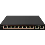 A PoE+ network switch with eight 10/100 Mbps ports and two Gigabit uplink ports.