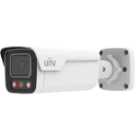 A large Uniview bullet camera with two-way audio and a strobe light for scaring potential intruders away