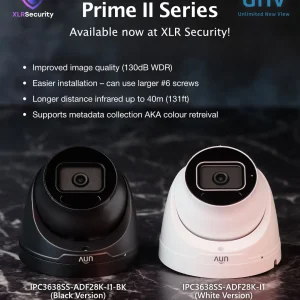 A poster showing two Uniview 8MP cameras on a table and describing the specifications of each.
