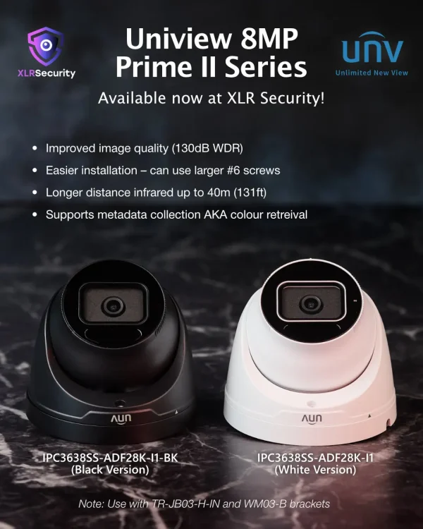 A poster showing two Uniview 8MP cameras on a table and describing the specifications of each.