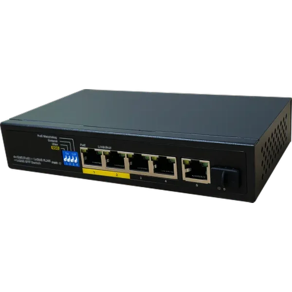 A four port PoE+ witch made by Petenet with a Gigabit RJ45 and SFP uplink port.