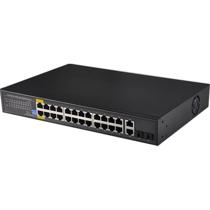 A Poe switch made by Petenet with twenty-four ports for PoE+ power, two RJ45 uplinks, and two SFP uplink