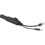 A cable adapter that that splits incoming PoE into Ethernet (data) and 12V DC power