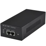 A black rectangular 90W PoE++ Injector with LED indicators on the side that show how much current the injector is drawing