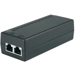 A PoE injector with a port for data and another for power, black rectangular box made by Petenet