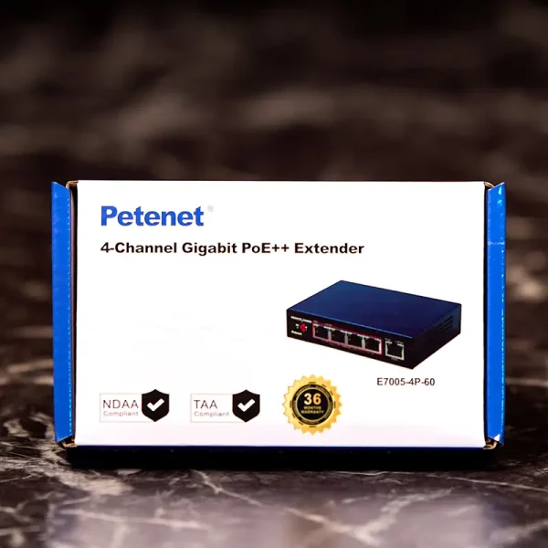 A product box of Petenet's 4ch PoE splitter E7005-4P-60