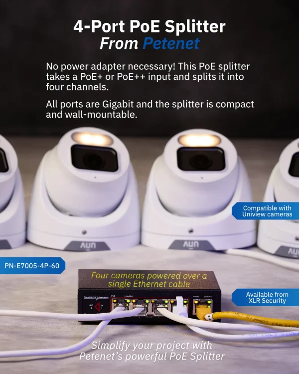 A flyer showing a 4-port PoE splitter by Petenet powering four Uniview IP cameras