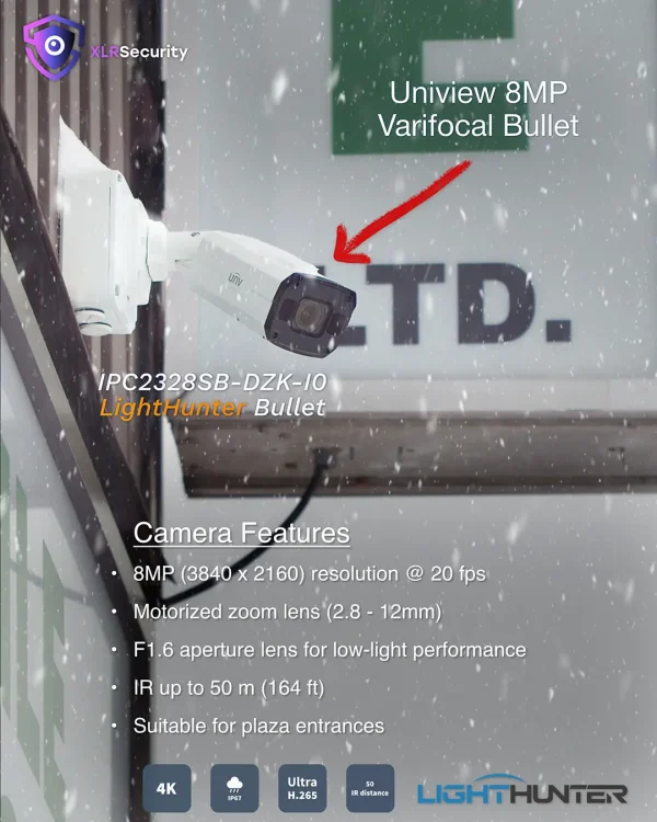 A poster depicting a Uniview 8MP Varifocal bullet camera mounted on the side of a building with snow falling in the background. The poster also lists the camera's features, such as eight megapixel resolution and a 2.8 to 12mm varifocal lens.