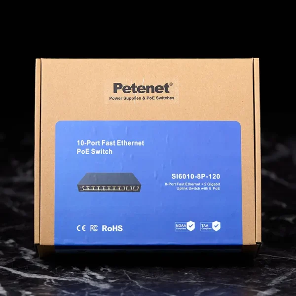 A box showing a 10-port fast ethernet PoE switch made by Petenet.