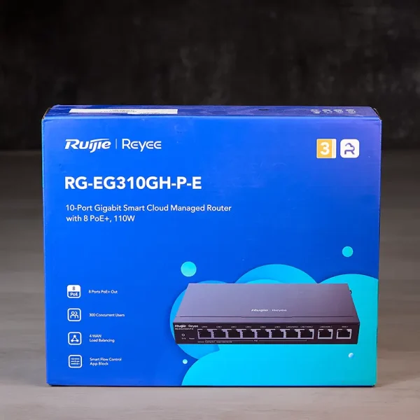 A box containing Reyee's PoE business router with 8 PoE+ ports and two WAN. There are icons on the bottom left describing features such as 4 WAN load balancing and up to 300 concurrent users