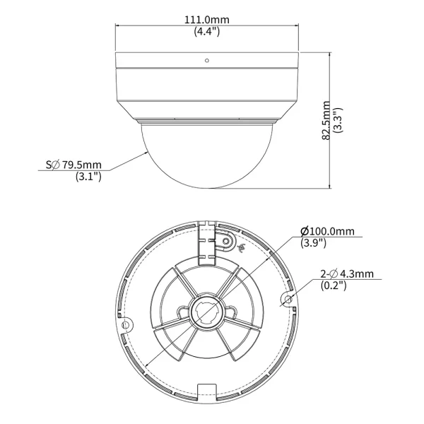 A diagram that shows the dimensions of Uniview's 8MP Prime II series dome cameras. The diameter of the camera is 111 millimeters (4.4 inches).