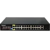 A 24-port PoE+ switch with 2 RJ45 and 2 SFP uplink ports. There is a Petenet logo on the upper left of the switch and there's also a DIP switch for setting different functions.