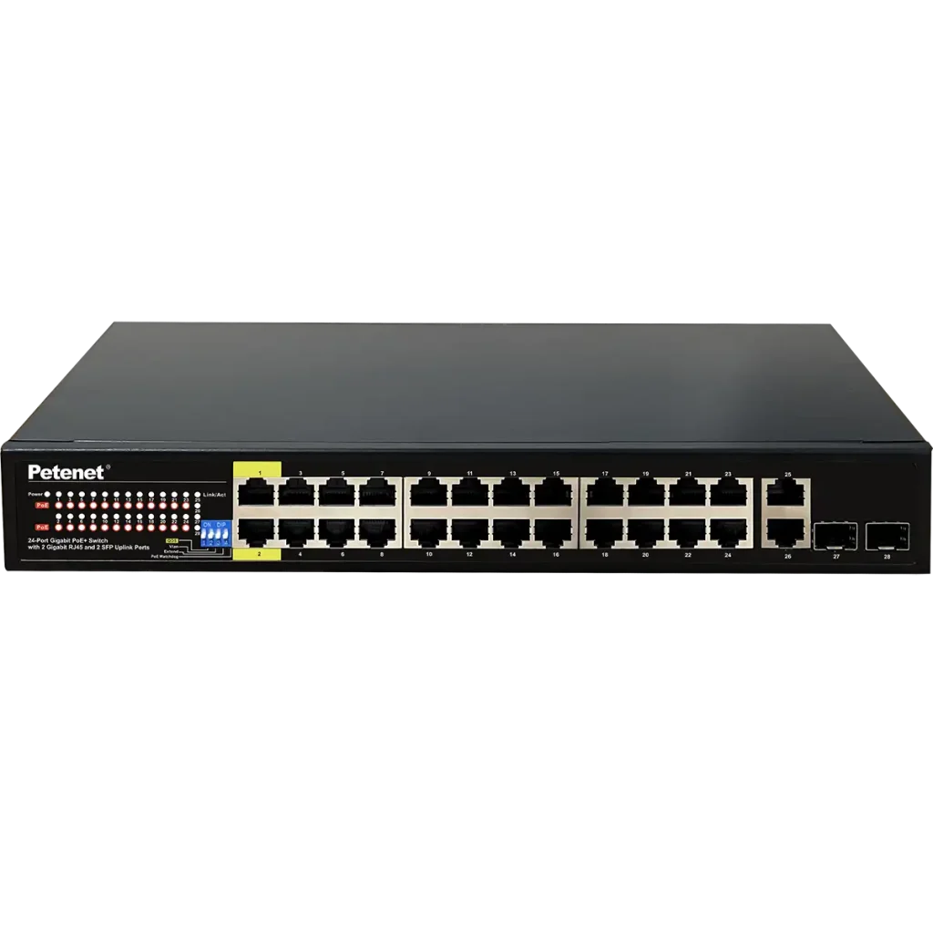 A 24-port PoE+ switch with 2 RJ45 and 2 SFP uplink ports. There is a Petenet logo on the upper left of the switch and there's also a DIP switch for setting different functions.