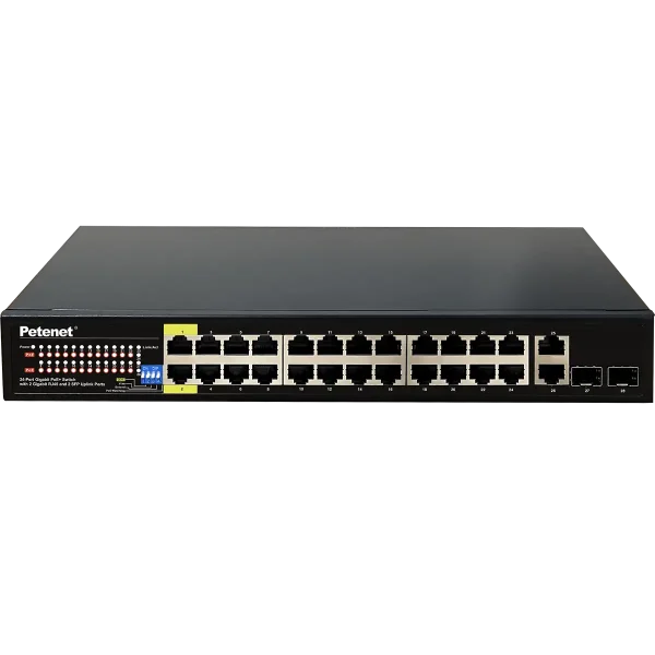 A 24-port PoE+ switch with 2 RJ45 and 2 SFP uplink ports. There is a Petenet logo on the upper left of the switch and there's also a DIP switch for setting different functions.
