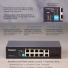 A poster showcasing the VLAN, Extended PoE, and PoE watchdog features on Petenet PoE switches.