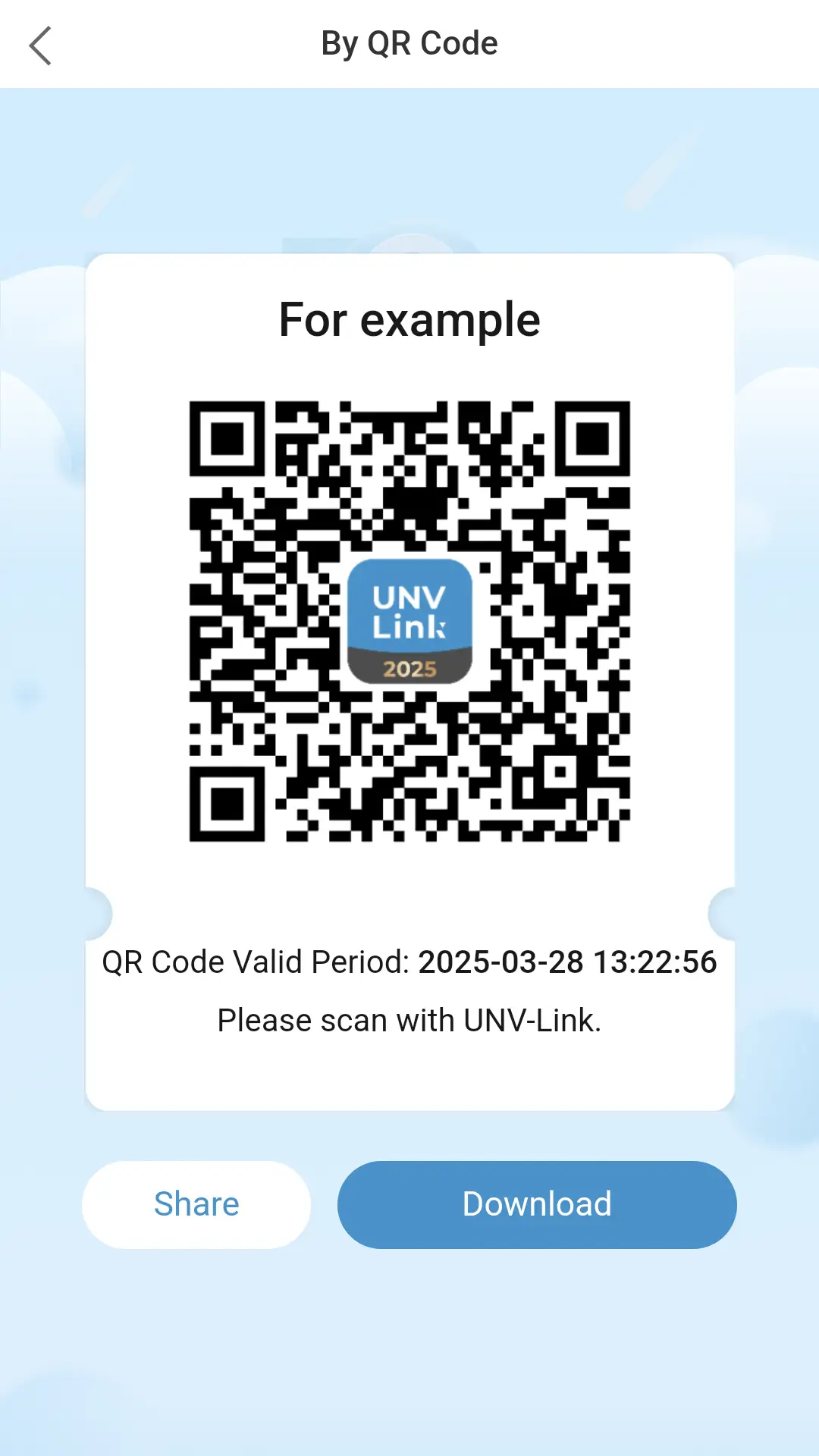 A QR code generated by the UNV-Link app for sharing security cameras with other users.