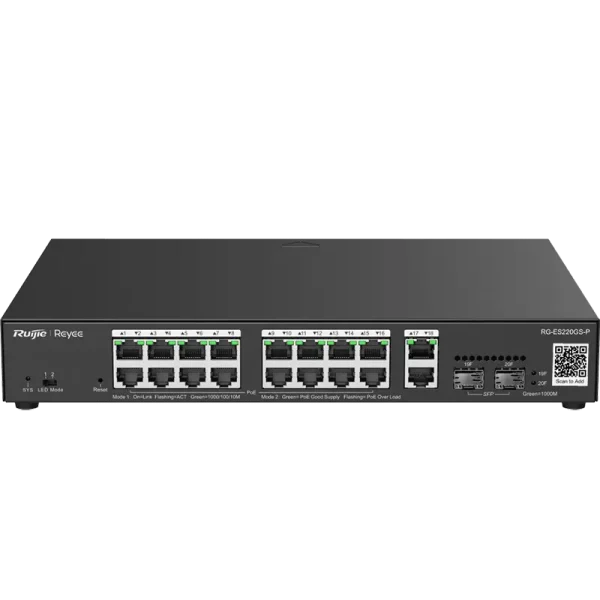A sixteen-port PoE switch made by Reyee with two RJ45 and SFP combo uplink ports.