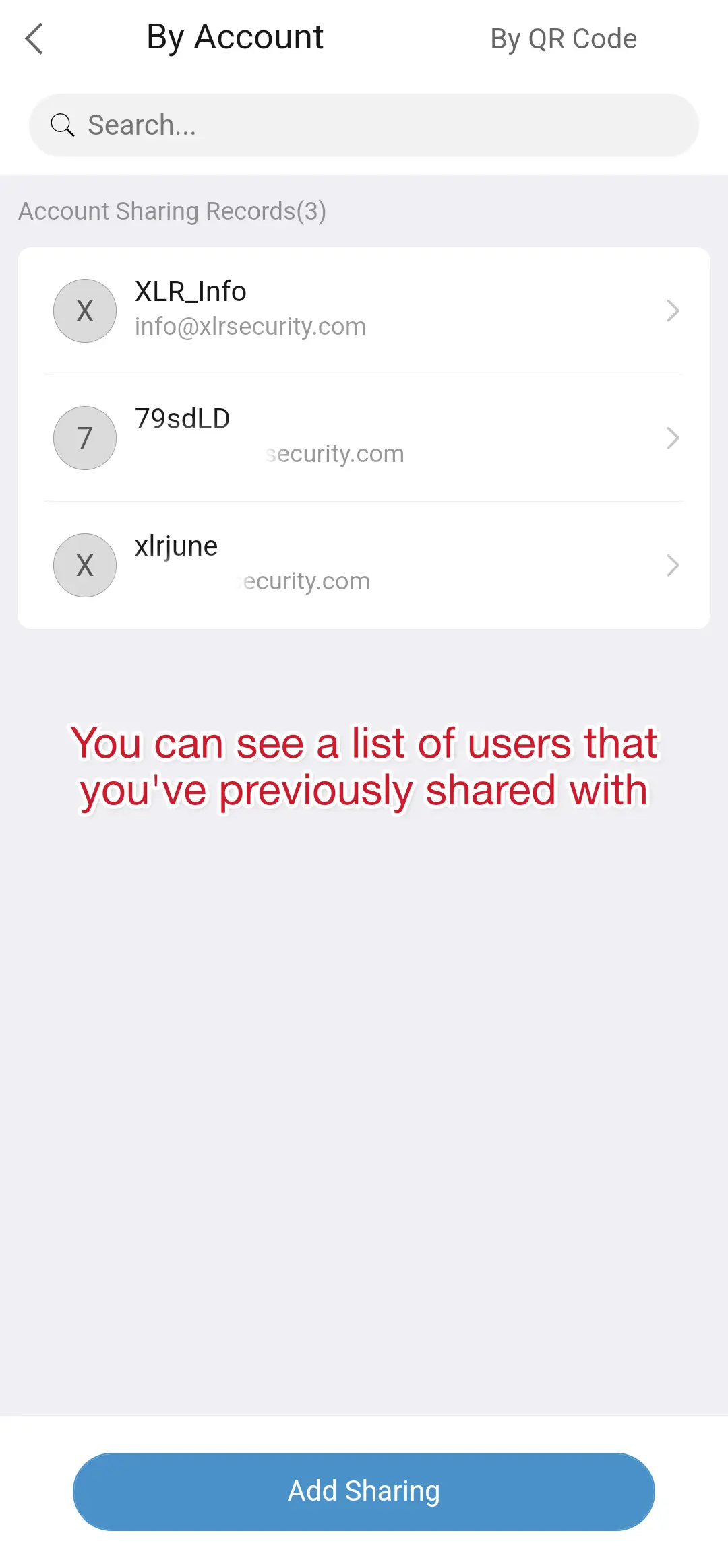 A mobile snapshot showing how to access the Sharing Management settings in the UNV-Link app