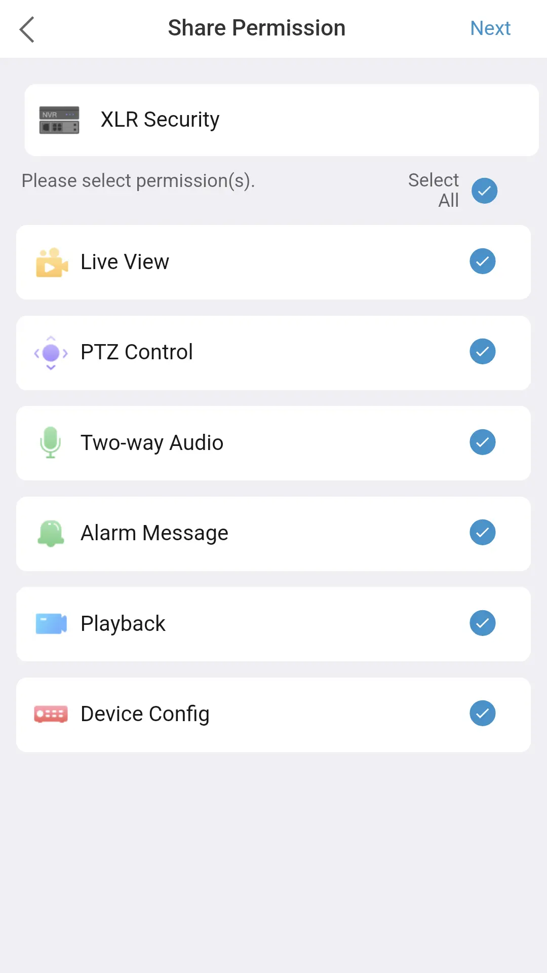 A mobile phone screenshot showing the sharing permission page in UNV-Link app