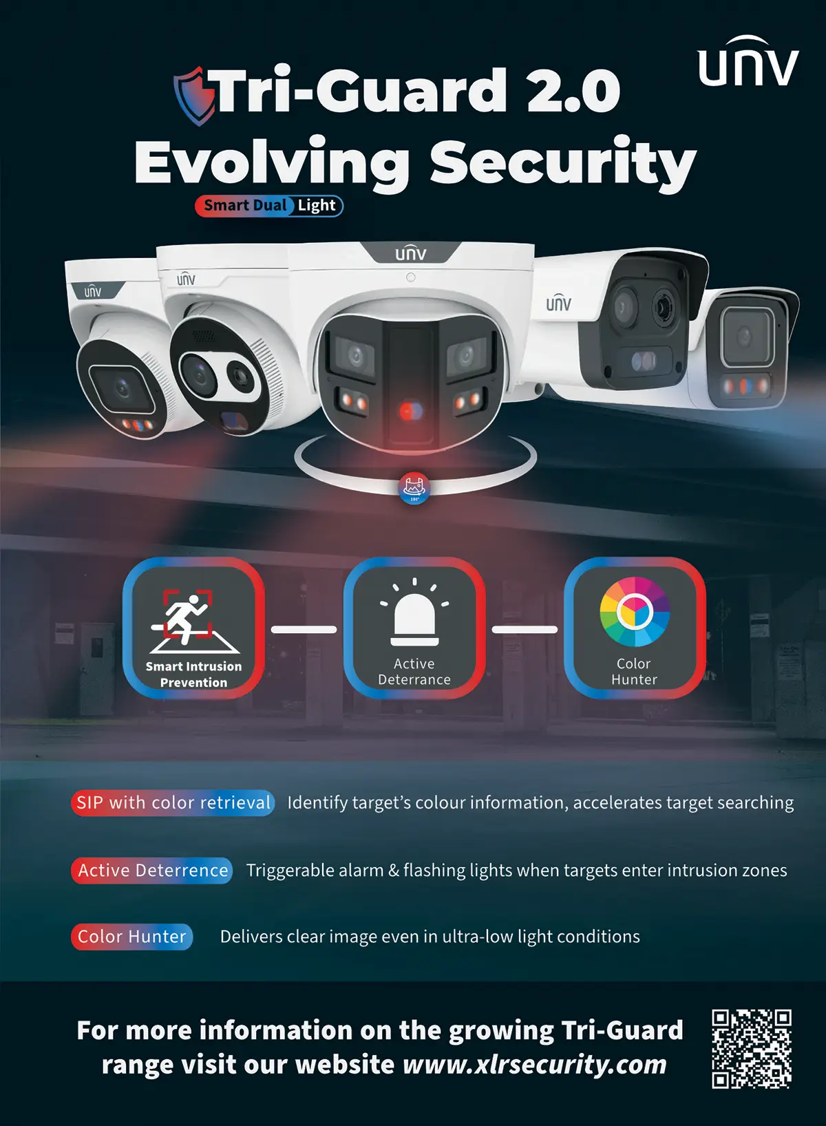 A poster that shows the new Tri-Guard 2.0 series cameras from Uniview with icons that highlight features such as colour retrieval, active deterrence, and colour hunter.