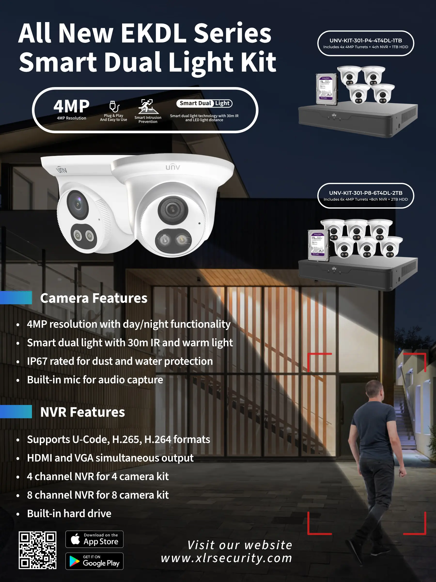 A flyer that shows Uniview's new smart dual light camera kits that come with either four or six cameras.