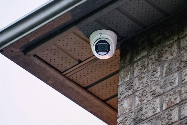 A white security camera installed underneath the soffit of a house with the sky in the background