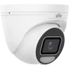 Uniview's OwlView Plus turret security camera with a built-in microphone and white LED light, as viewed from the front left