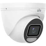 Uniview's OwlView Plus turret security camera with a built-in microphone and white LED light, as viewed from the front left