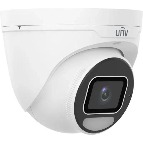 Uniview's OwlView Plus turret security camera with a built-in microphone and white LED light, as viewed from the front left